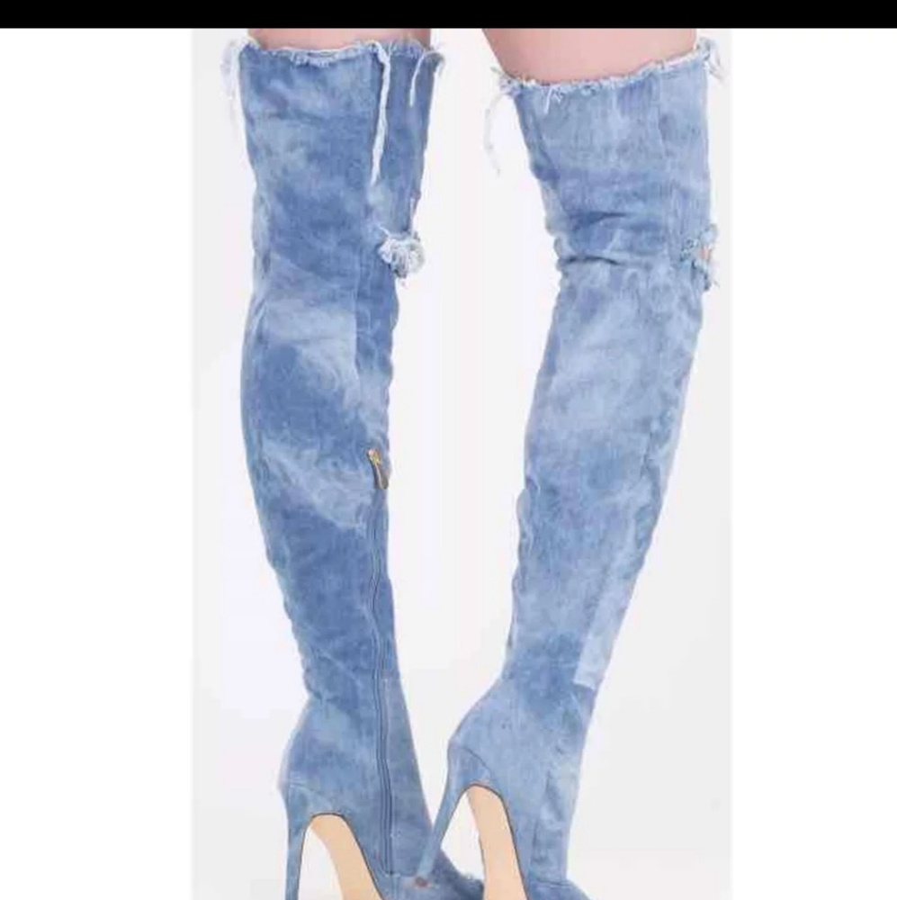 Denim thigh high boots